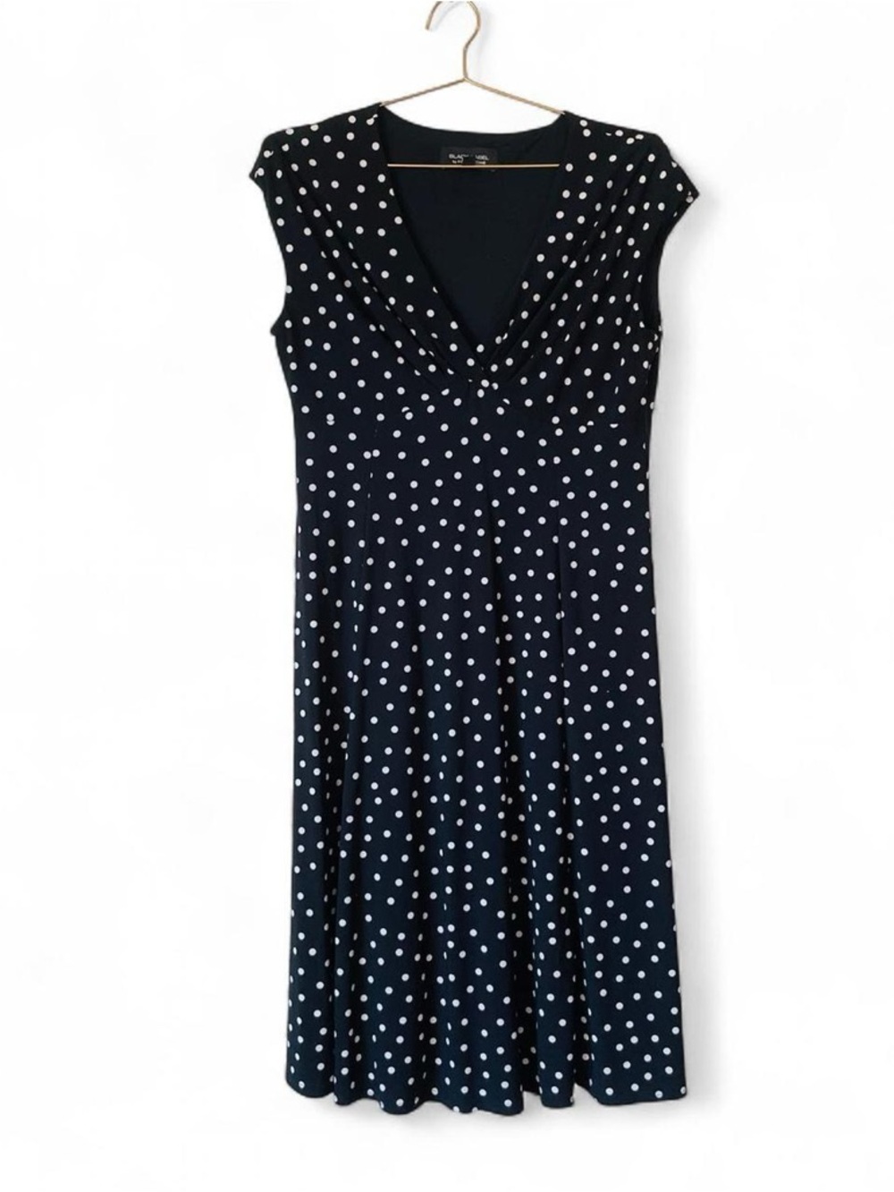 Vintage Black & White Polka Dot Midi Dress – Spring Classic V-Neck (Size 12)
